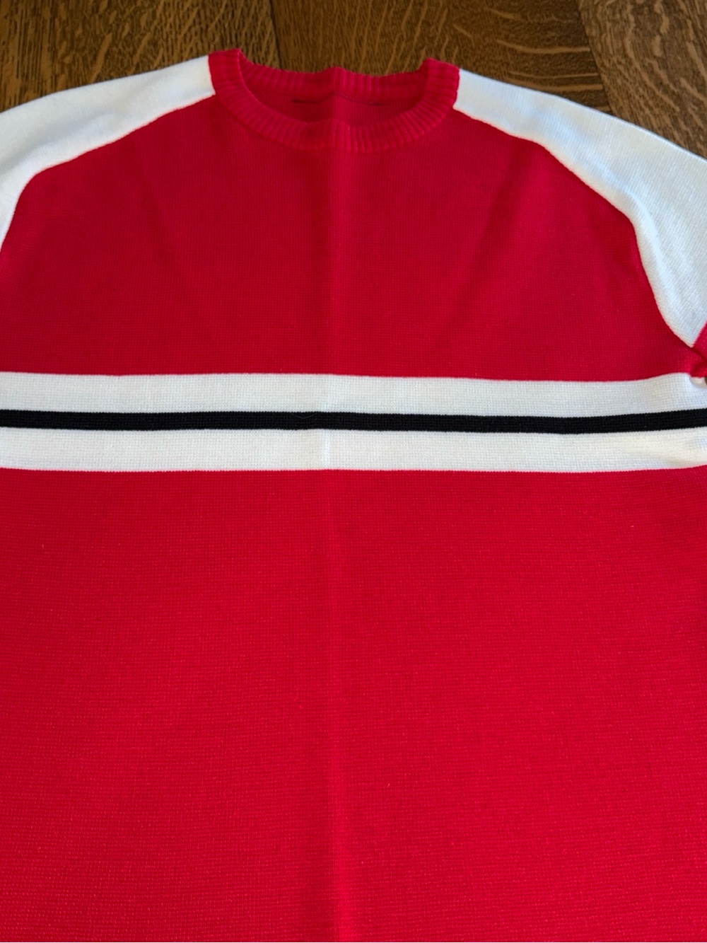 Red Crewneck Sweater with White & Black Stripe - Women's Crew Neck - Picture 8 of 13